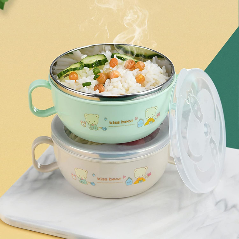 Stainless Steel Baby Feeding Bowl Set – Insulated, Double-Layered, Cartoon Design, With Lid and Spoon | 1 Pcs